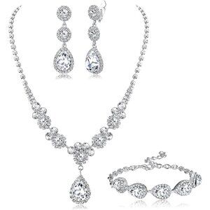 Rhinestone Bridal Jewelry Set Necklace Bracelet Clip On Earrings for Brides Brid